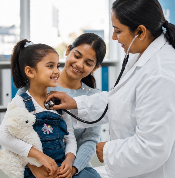 healthcare-pharmaceutical-rfid-solutions Doctor examining a child, representing RFID-enabled healthcare operations